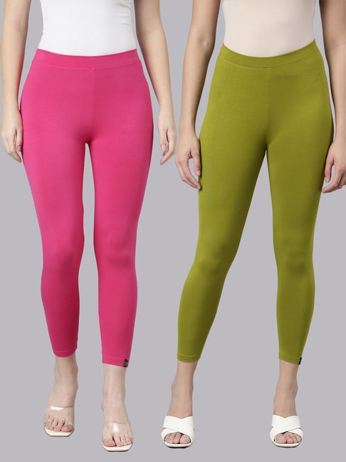 TWIN BIRDS Pink & Green Plain Cropped Leggings - Pack Of 2