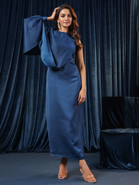 Dusty Blue Satin Bridesmaid Dress - Twist Back, Low Plunge Style. – Six  Stories