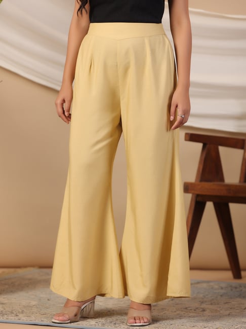 Juniper Beige Modal Rayon Women Partially Elasticated Bell Bottom Pants  With Single Side Pocket