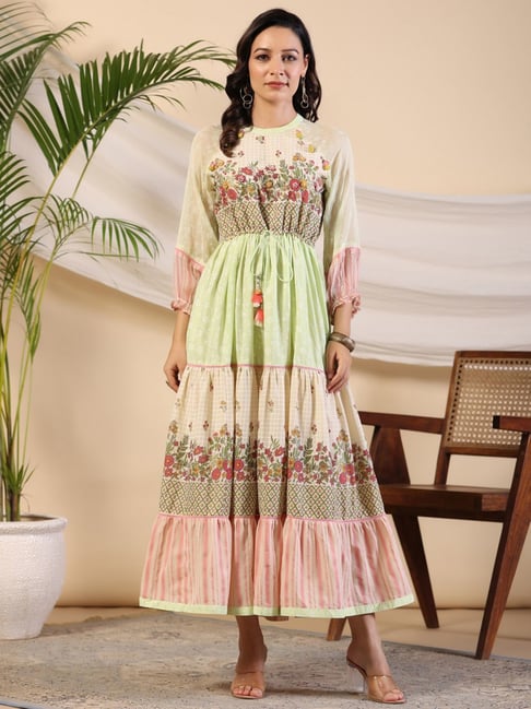 Juniper Green Wonderland Cotton & Chiffon Floral Printed Tiered Maxi Dress  With Lace & 3D Handwork