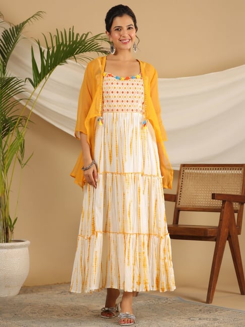 Juniper Mustard Tie-Dye Tiered Layered Pure Cotton Dress With Mirror Work  Embroidery