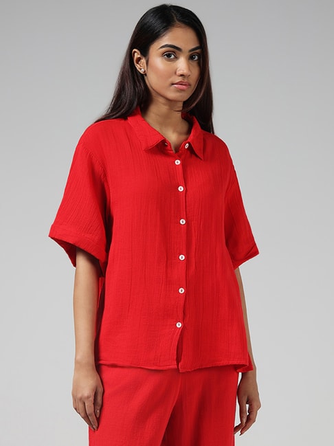 Wunderlove by Westside Solid Red Crinkled Swimwear Cover Up Shirt