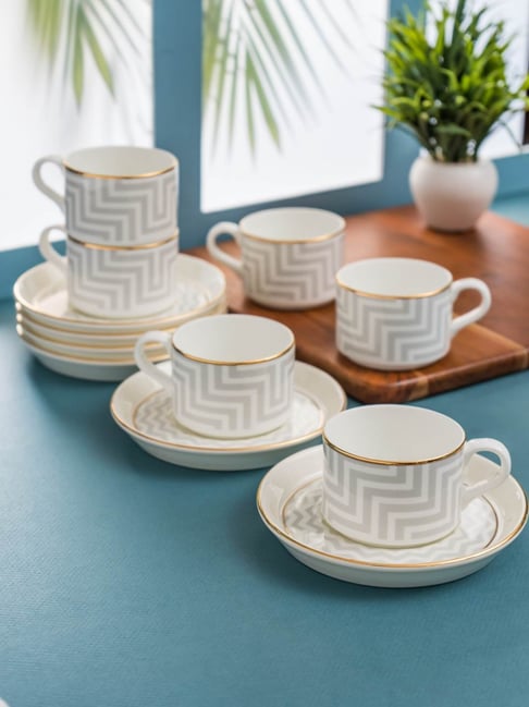 Clay Craft Colour White Line Fine Ceramic Cup Saucer Set of 12 ( 6 Cups + 6  Saucers) - 180 ml each