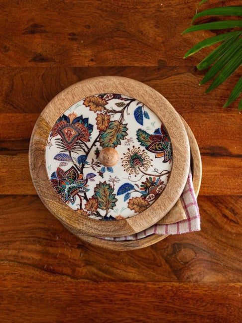 ExclusiveLane Mango Wood Floral Chronicles Hand-Enamelled Casserole Chapati Box With Lid (1.08 L)-picture-24