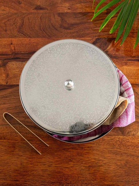ExclusiveLane Silver & Gold Stainless Steel Floral Hand-Etched Chapati Box (1.14 L)