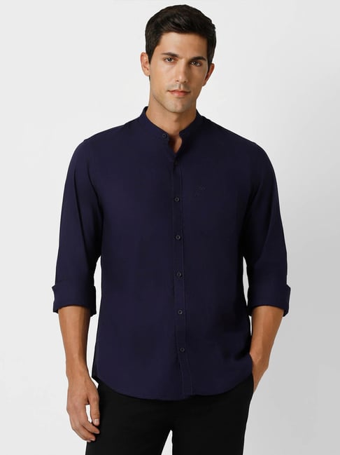Buy Peter England Casuals Navy Blue Cotton Slim Fit Shirt for Mens