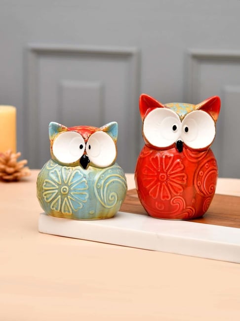 Tayhaa Multicolor Ceramic Enchanted Owl Showpiece - Set of 2-picture-33