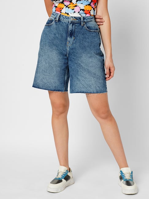 ONLY Pale Blue Cotton Denim High Waist Long Shorts