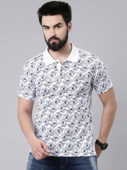 Kryptic White Regular Fit Floral Print Cotton Polo T-Shirt-picture-37