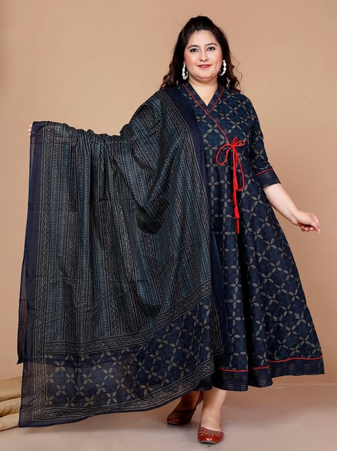 Miravan Blue Printed Fit & Flare Kurta With Dupatta-picture-44