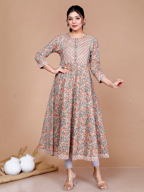 Miravan Light Brown Floral Print Fit & Flare Kurta-picture-43