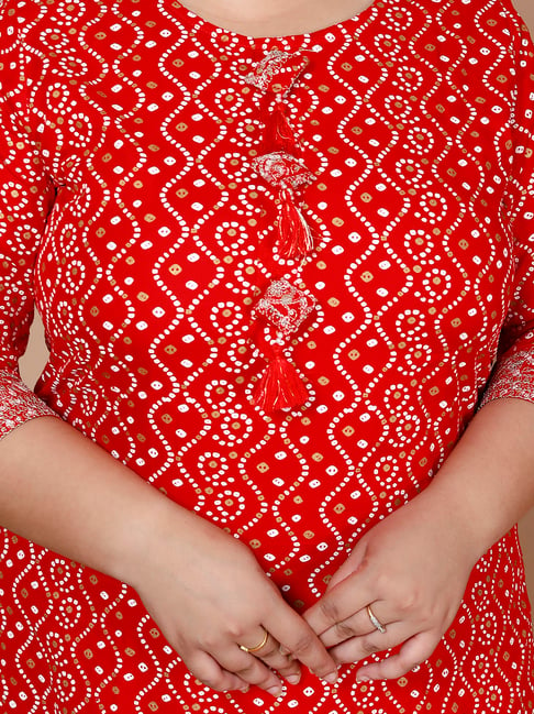 Miravan Red Bandhani Print Straight Kurta