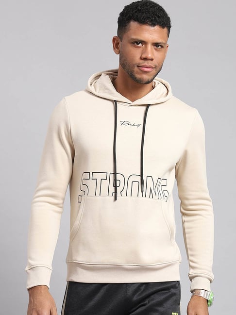 Cream Regular Fit Printed Hooded Sweatshirt