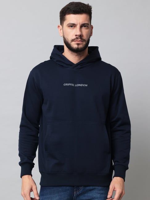 GRIFFEL Navy Regular Fit Logo Print Hooded Sweatshirt