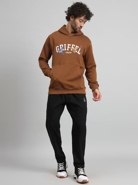 GRIFFEL Brown Black Regular Fit Printed Hooded Sweatshirt