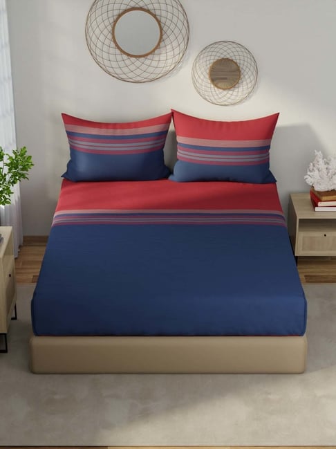 Nautica Grey & Red Striped 210 TC King Bedsheet with 2 Pillow