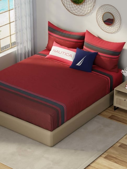 NAUTICA Hampton Red & Black Satin Cotton 210 TC Super King Bedsheet with 2  Pillow Cover