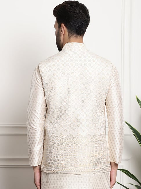SOJANYA Giacca Nehru Uomo In Seta Jacquard Verde E Oro, Maniche Corte, Colpo Mandarino – Taglia M, Eleganza Etnica