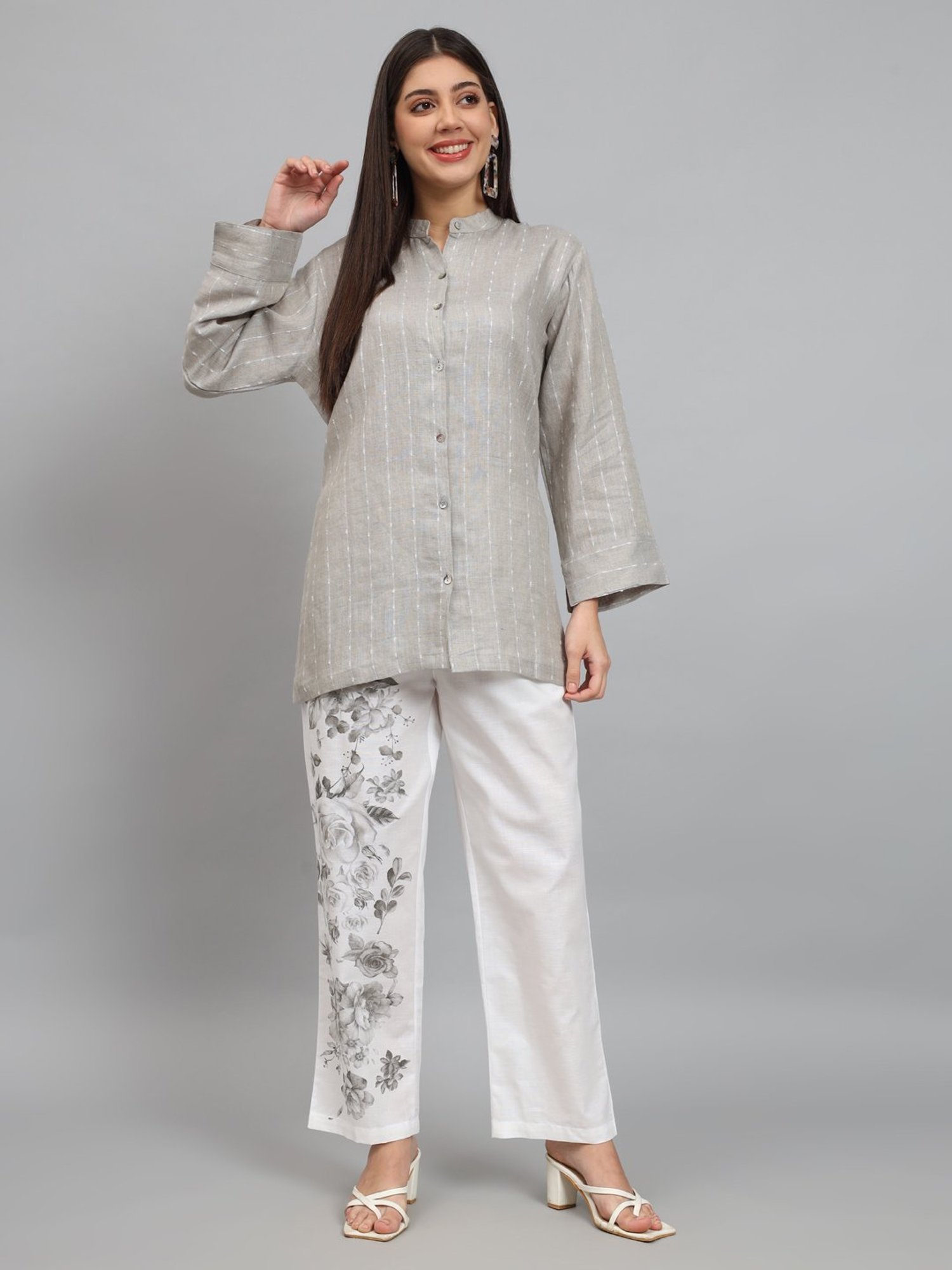Buy Newd Grey & White Cotton Blend Printed Co-Ord Set for Women 
