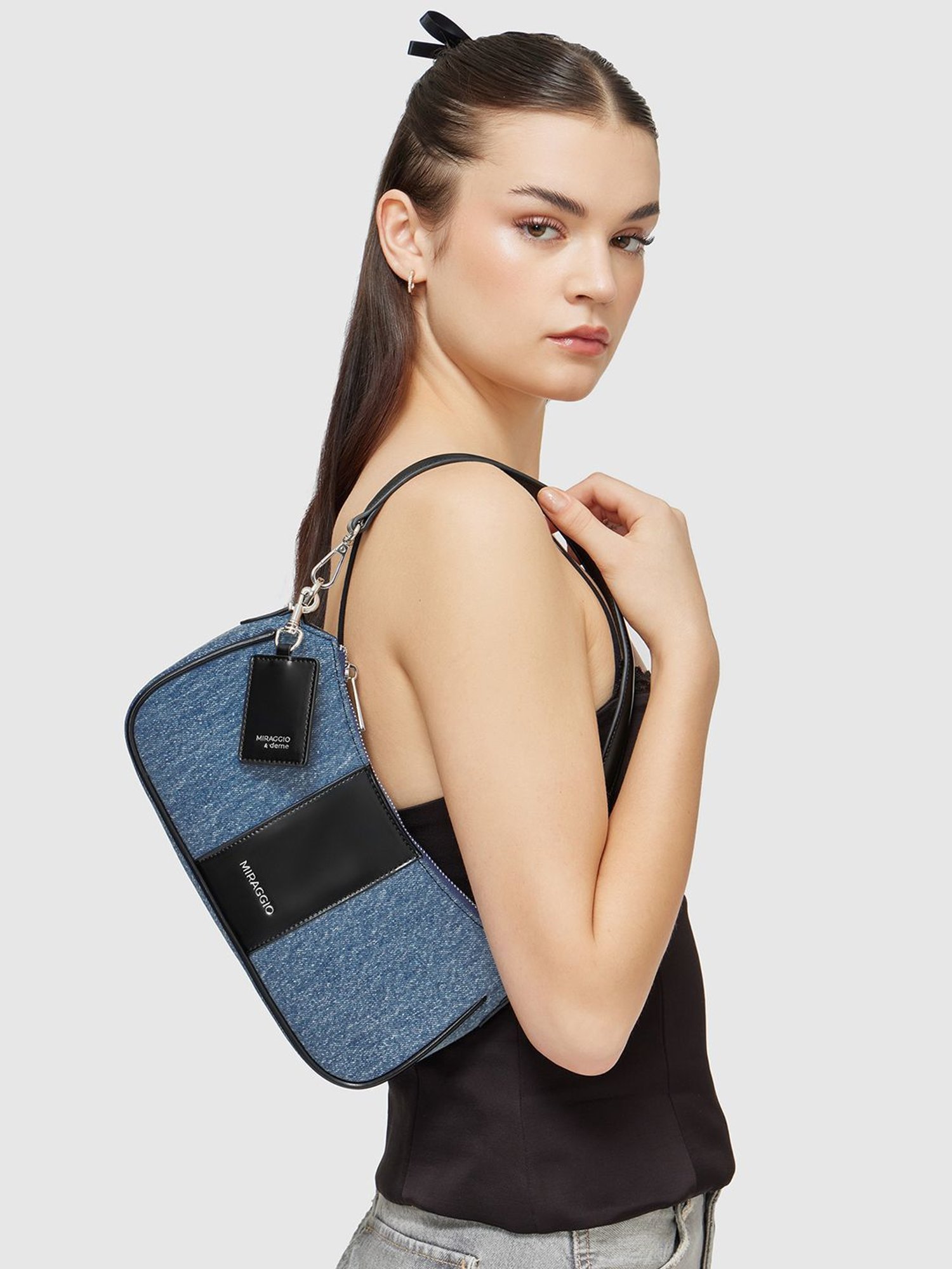 Buy Miraggio Bella Denim and Black Small Textured Shoulder Bag at