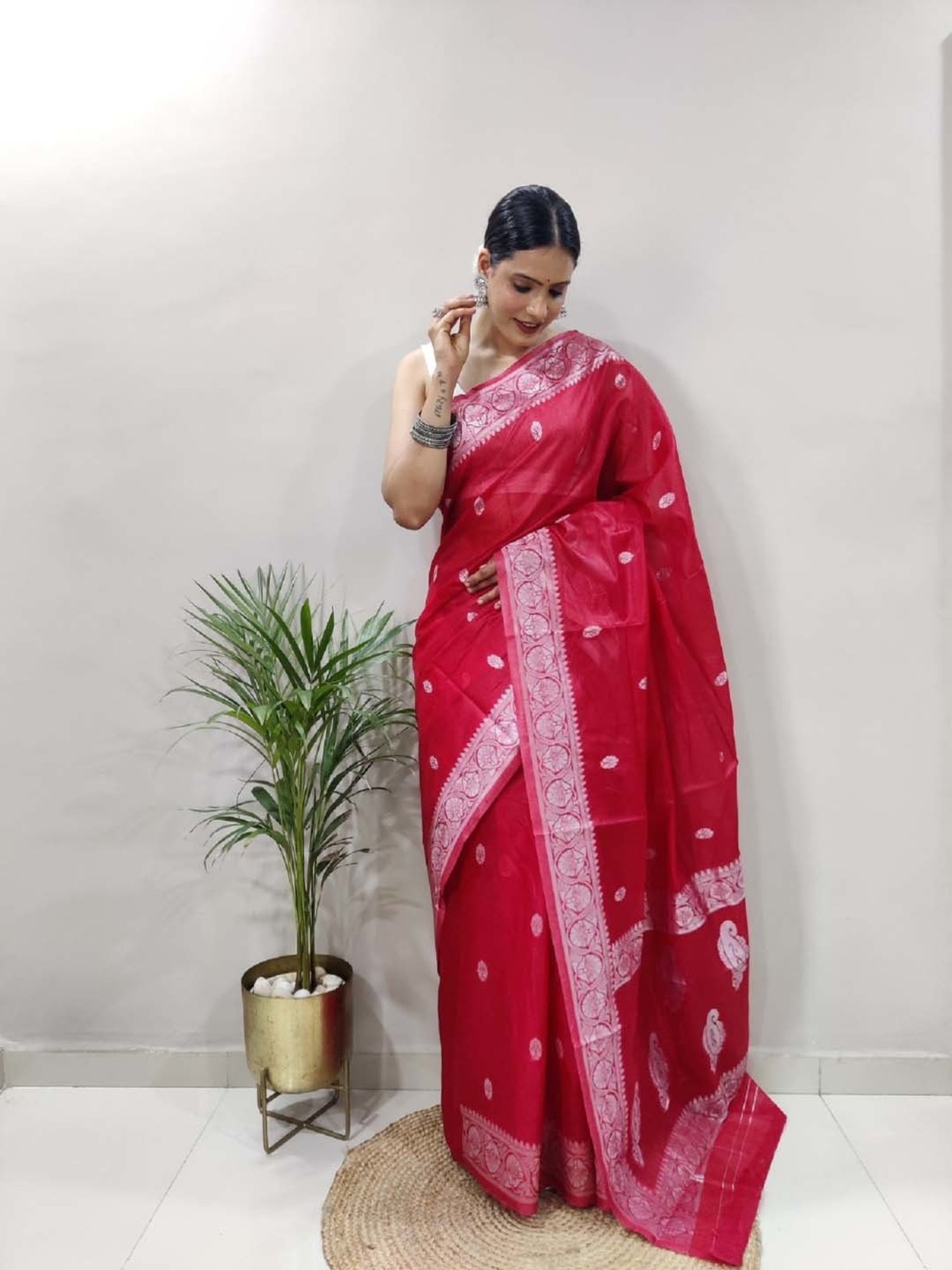 Red Mulmul Silver Stripes saree