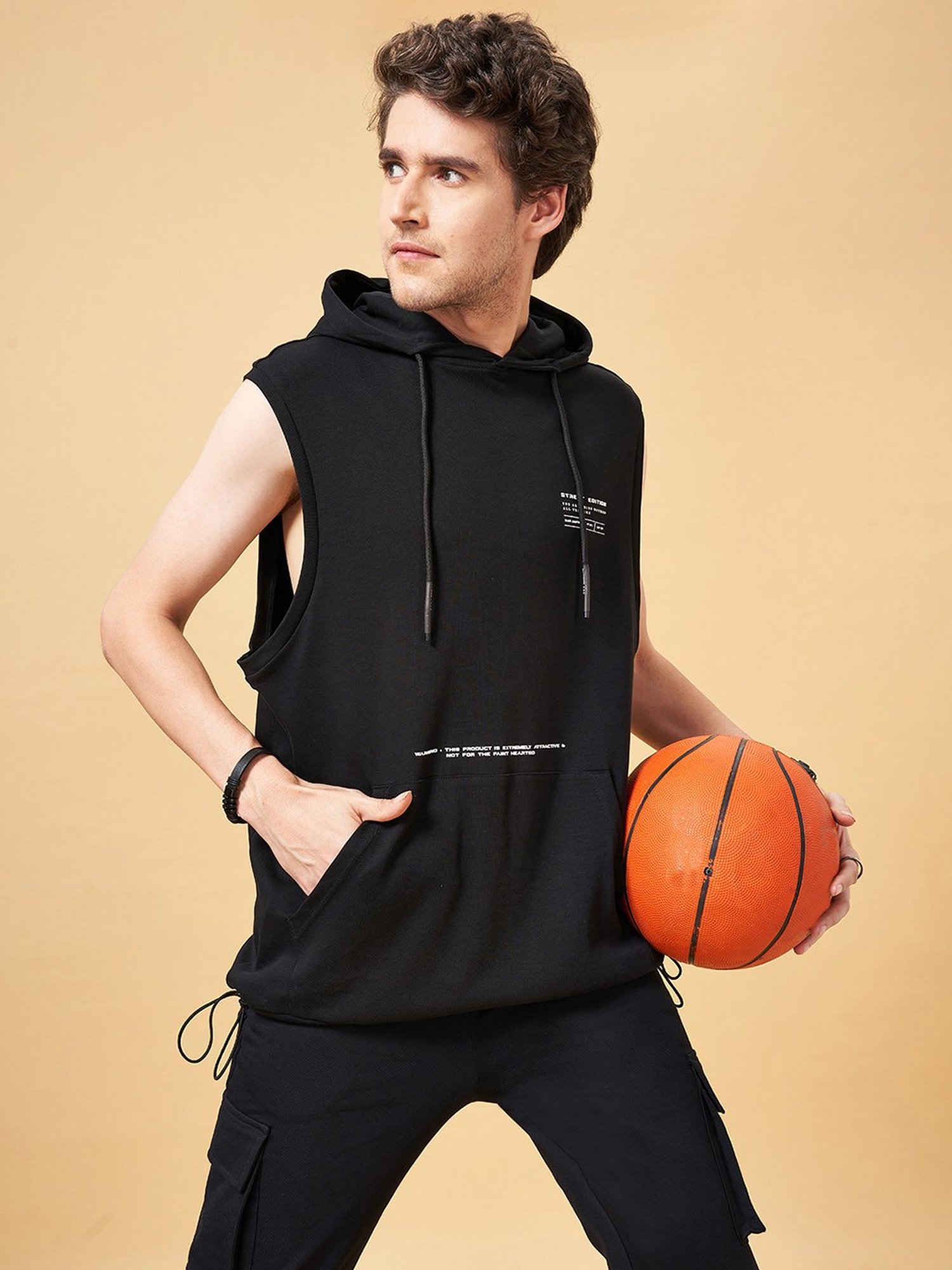Street 808 by Pantaloons Jet Black Boxy Fit Sleeveless Hooded