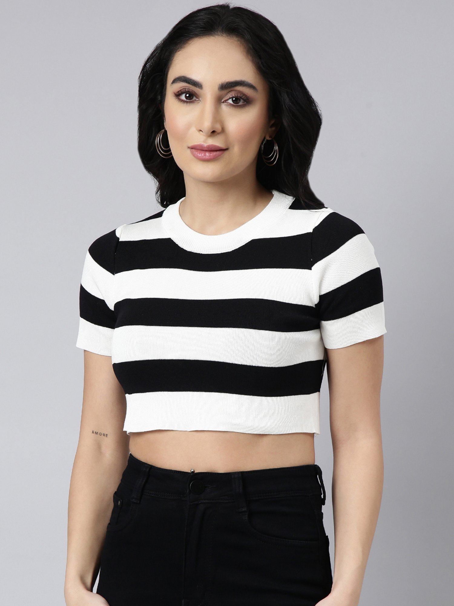 SHOWOFF Black \u0026 White Striped Crop Top