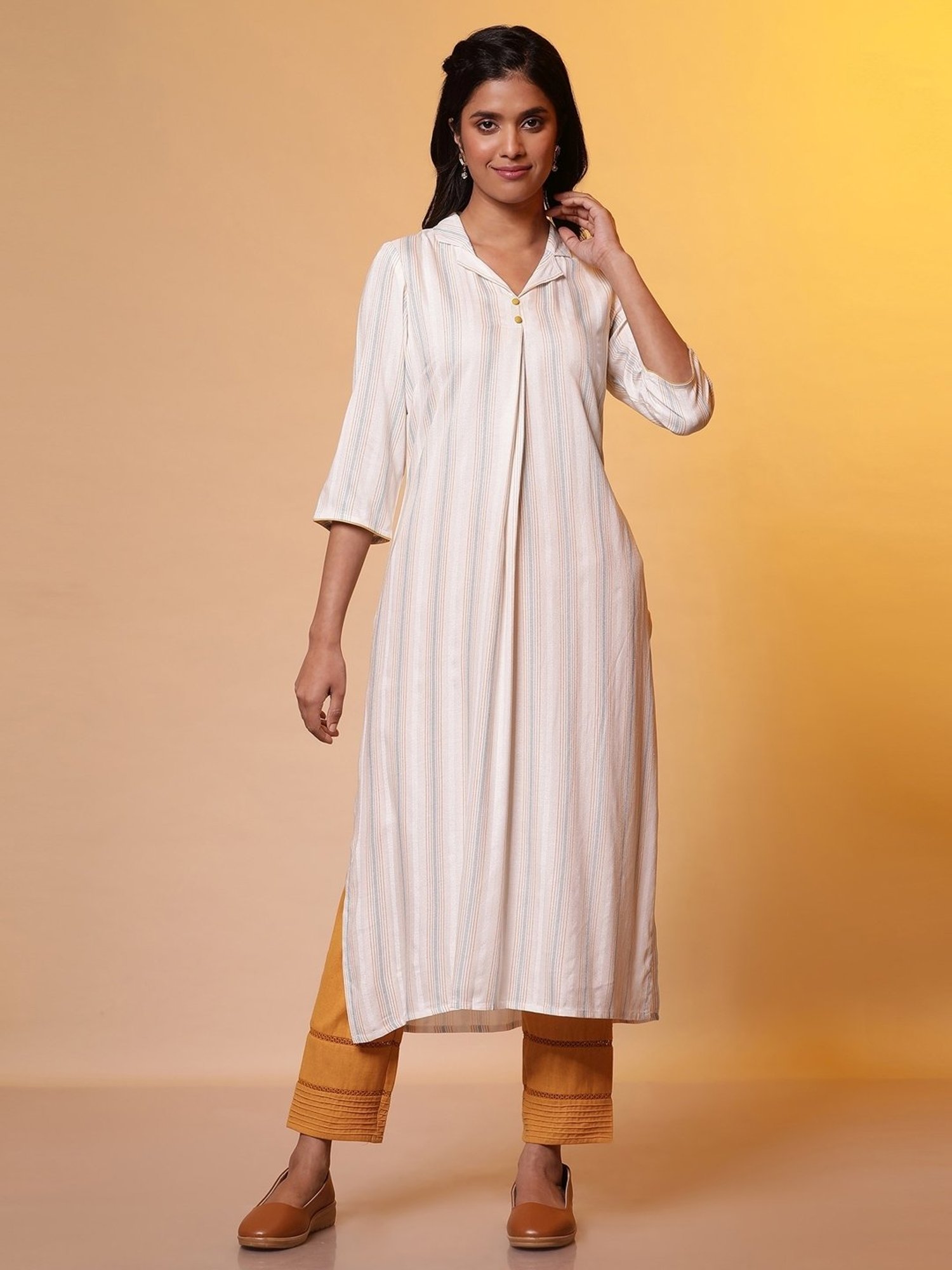 Rangmanch by Pantaloons Off-White Cotton Embroidered A Line