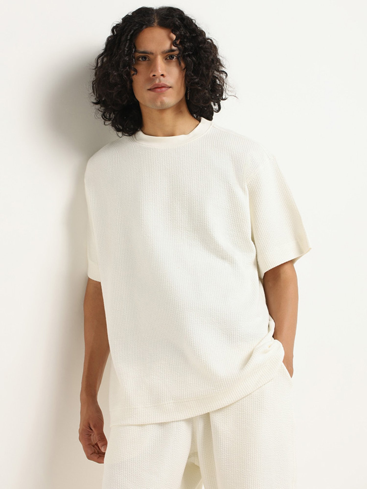 Buy Studiofit by Westside Off-White Textured Relaxed Fit T-Shirt