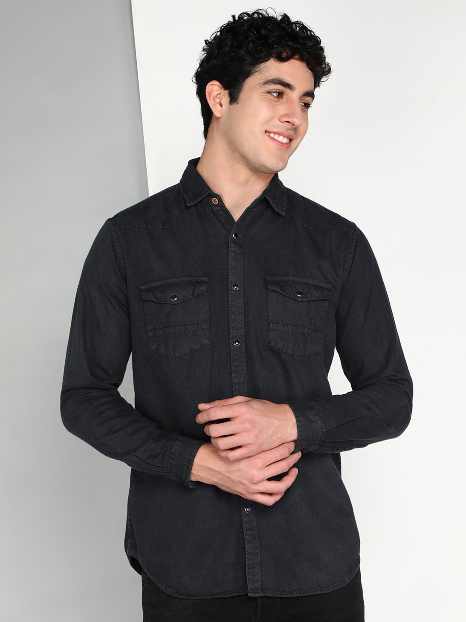 Buy Kuons Avenue Charcoal Slim Fit Denim Shirt for Men's Online