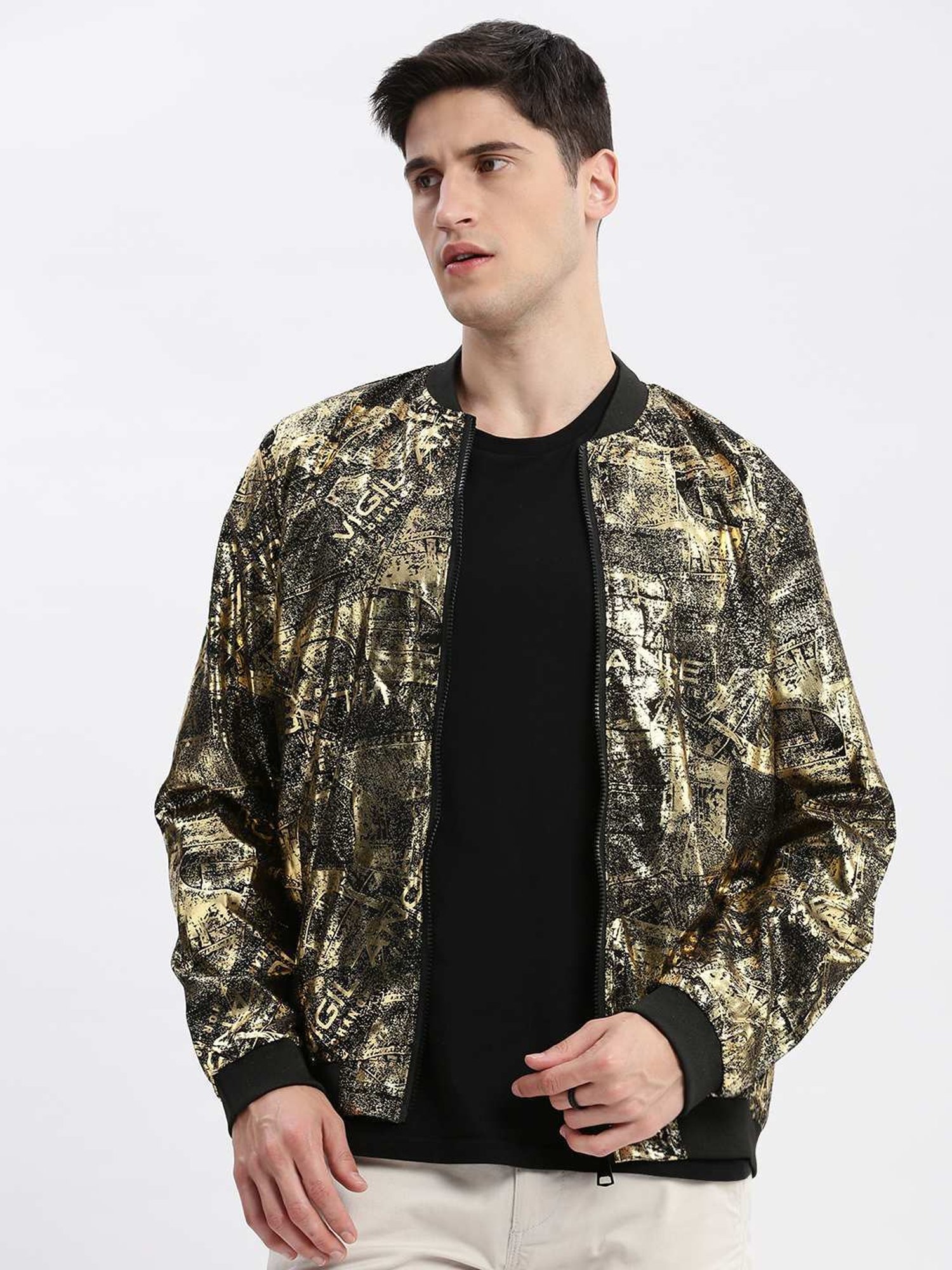 SHOWOFFFF Black Slim Fit Printed Bomber Jacket