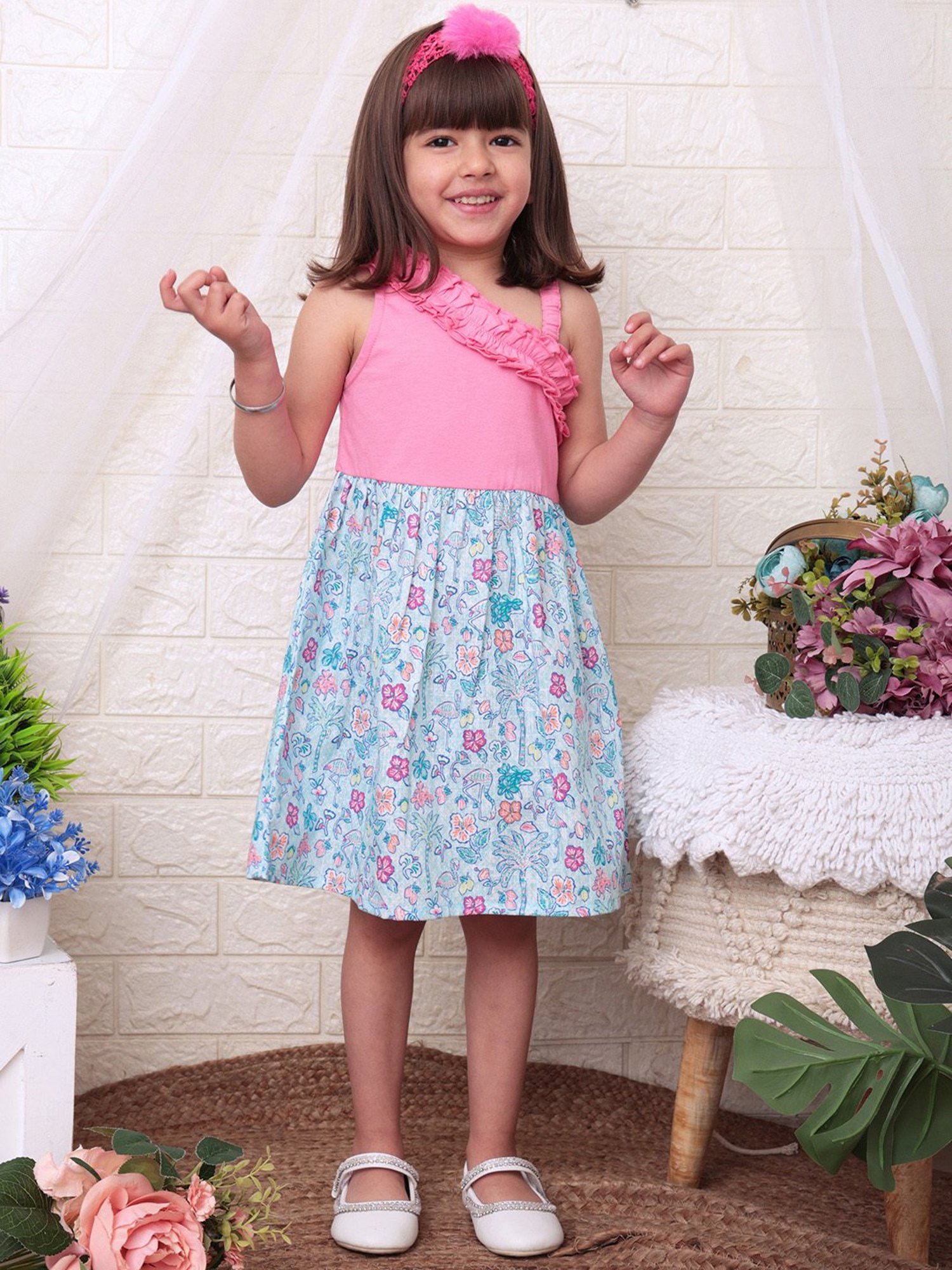 Beebay Kids Pink Blue Floral Print Dress