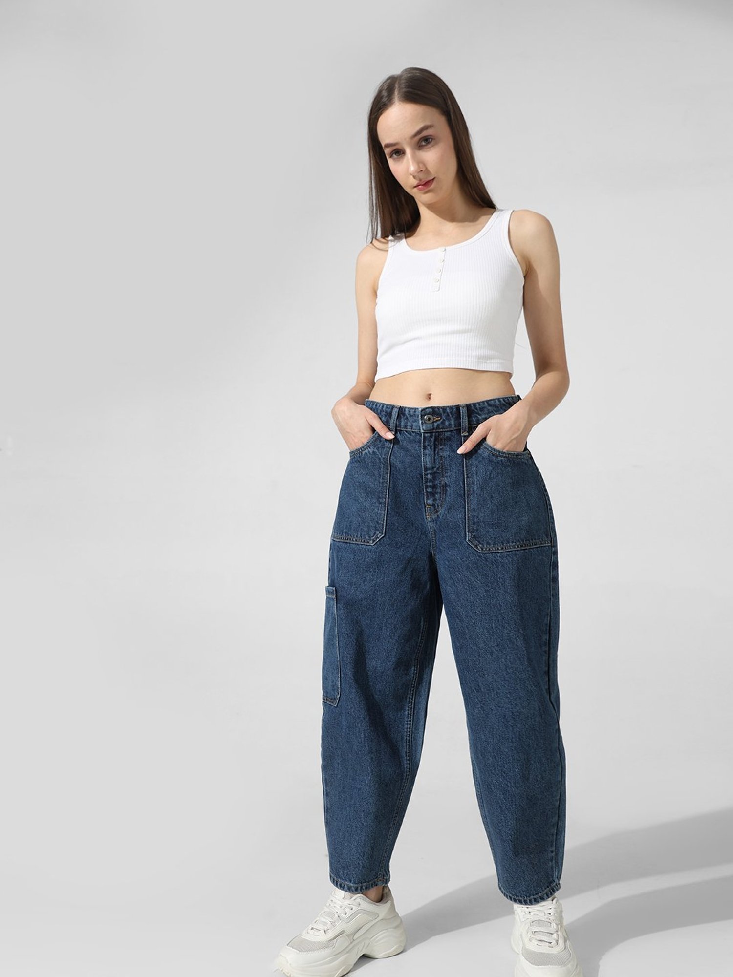 Only Dark Blue Cotton Loose Fit Mid Rise Jeans