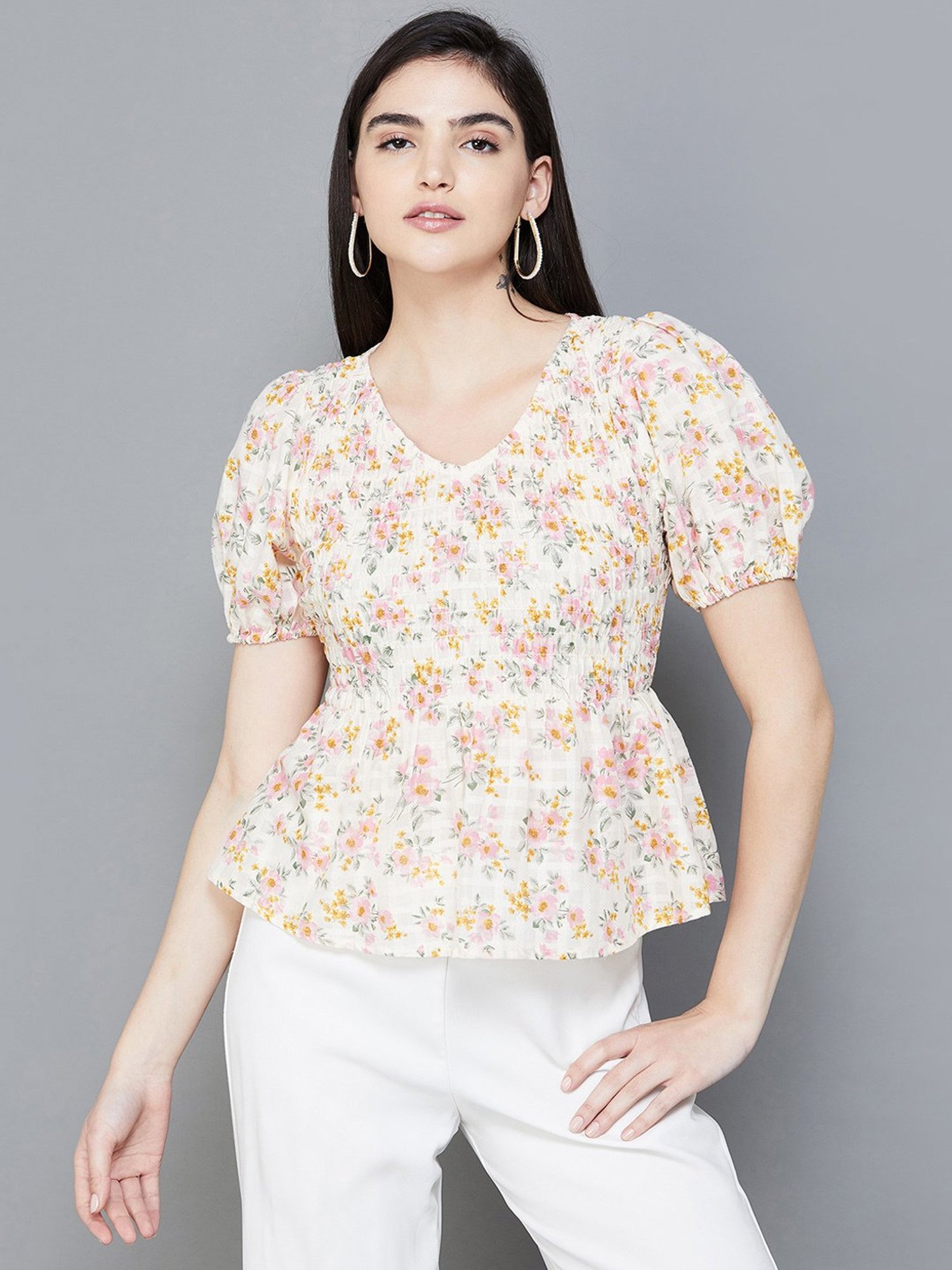 Buy Code by Lifestyle Off-White Cotton Floral Print Top for Women