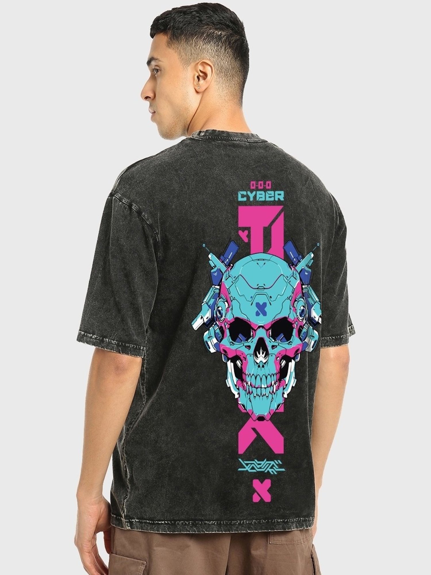 Bewakoof Men's Black Cyber Punk Graphic Printed Oversized Acid
