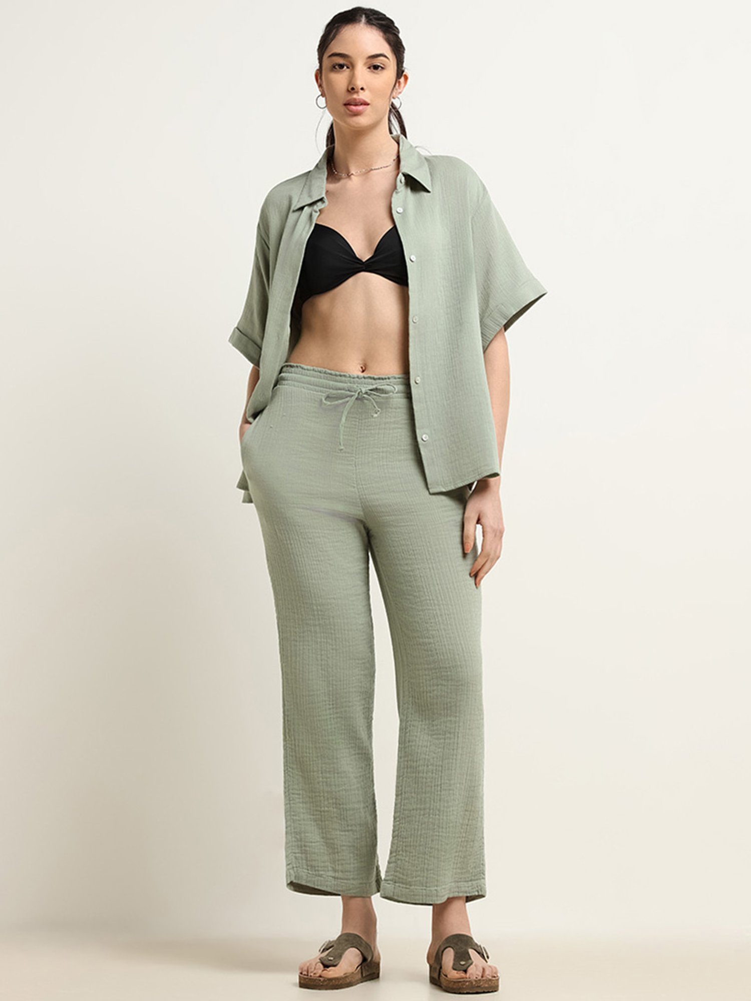 Buy Wunderlove Beige Self-Patterned Beach Pants from Westside