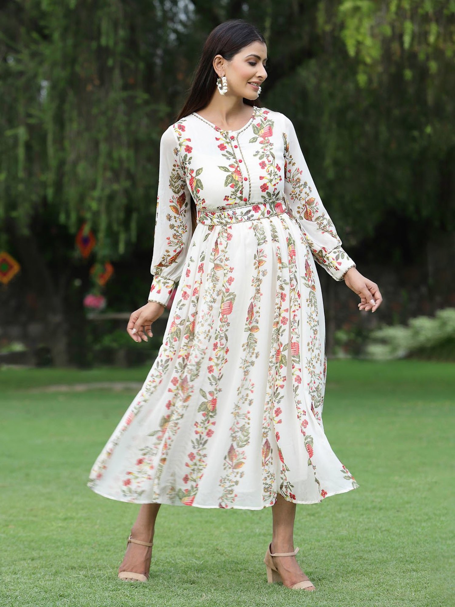 Juniper Off-White Floral Printed Chiffon Flared Maxi Dress