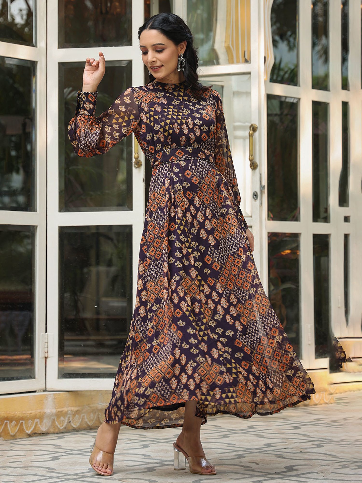 Juniper Black Ethnic Motif Printed Chiffon Flared Maxi Dress With