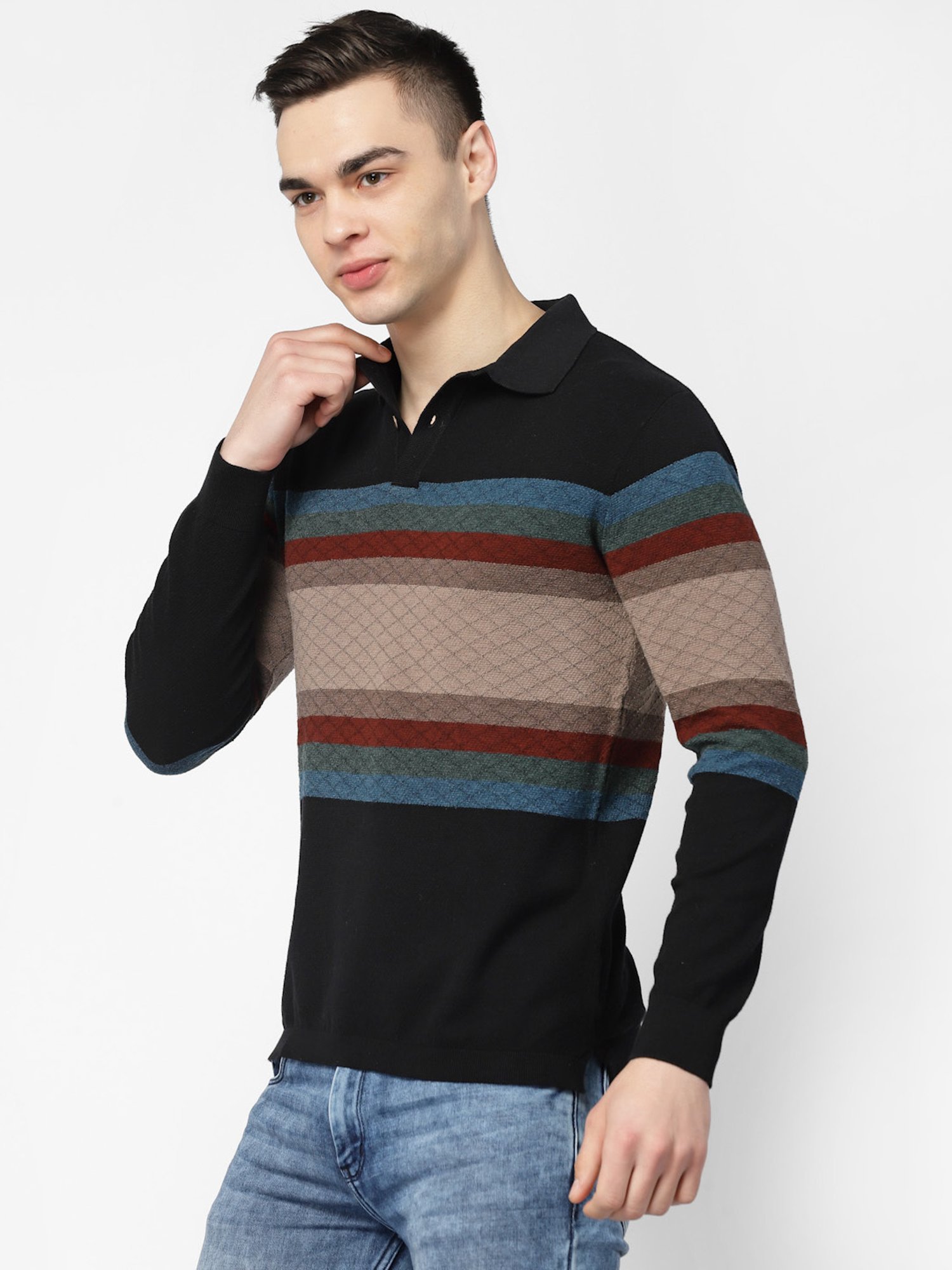 Kalt Black Regular Fit Striped Polo T-Shirt