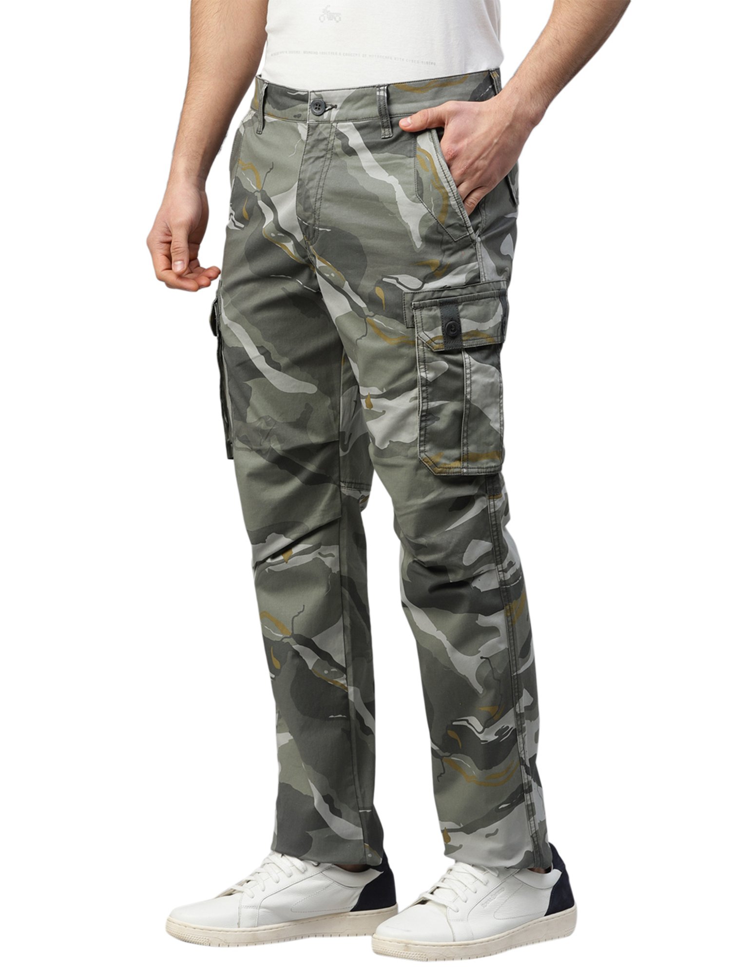 Buy Royal Enfield Essential Grey Regular Fit Camo Print Cargos for