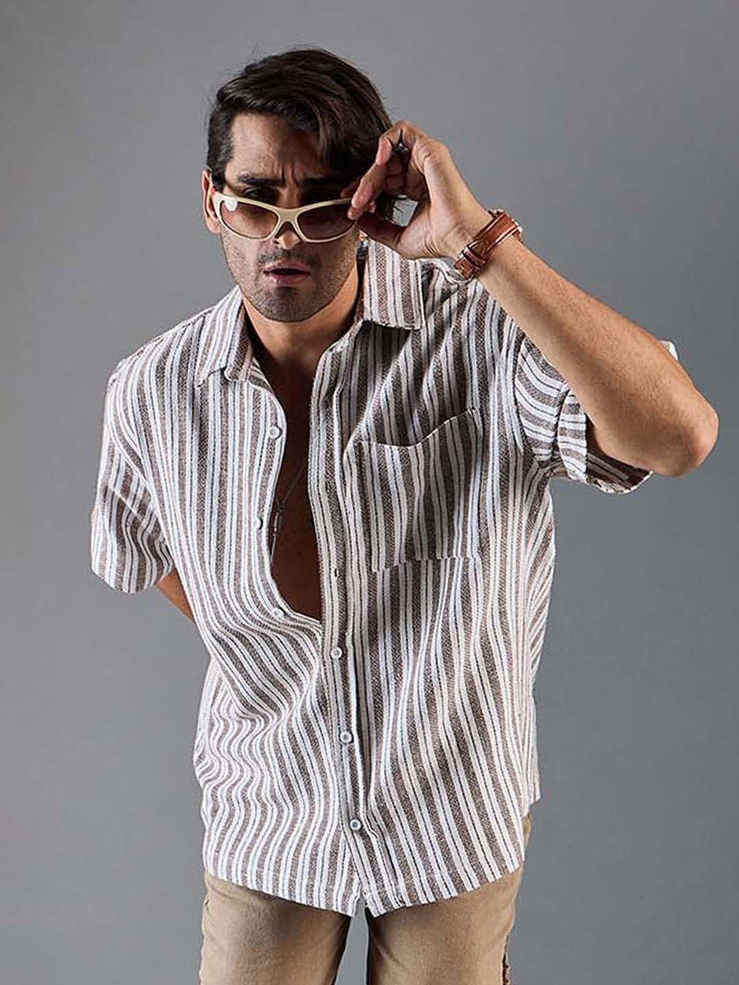 Buy CHIMPAAANZEE White & Brown Loose Fit Striped Oversized Shirt