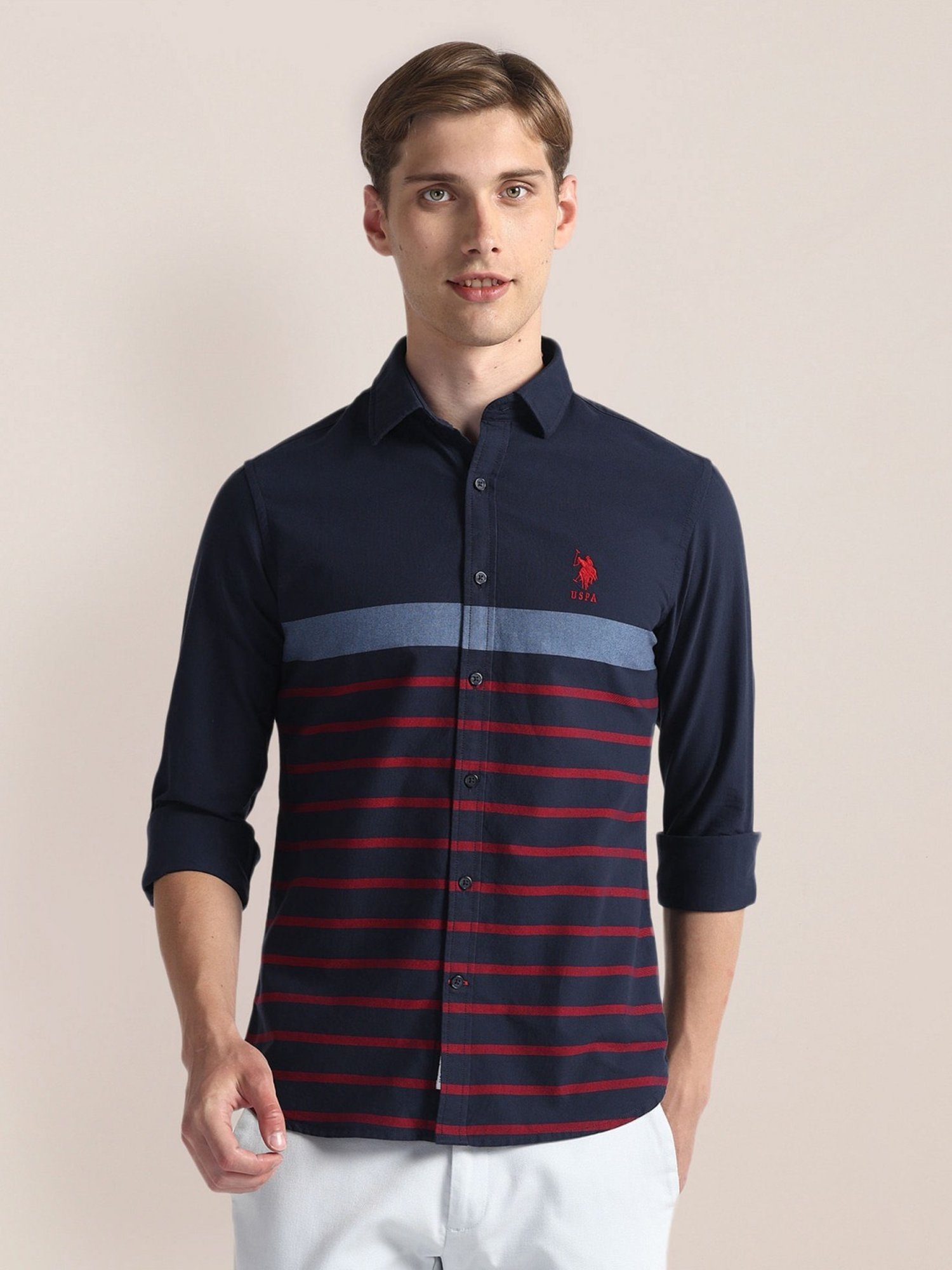 Buy U.S. Polo Assn. Navy Cotton Regular Fit Striped Shirt for Mens