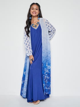 chinese dress ladies Blue Floral V-Neck Ruffle Maxi Dress main image 0