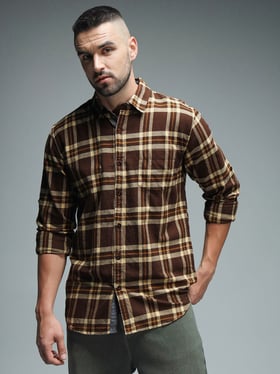 High Star Brown Cotton Regular Fit Checks Shirt