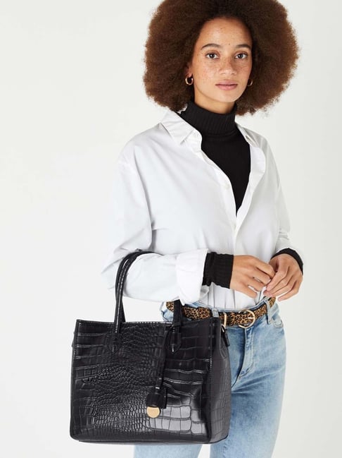 Accessorize London Women's Faux Leather Black Gemma croc handheld Satchel Bag