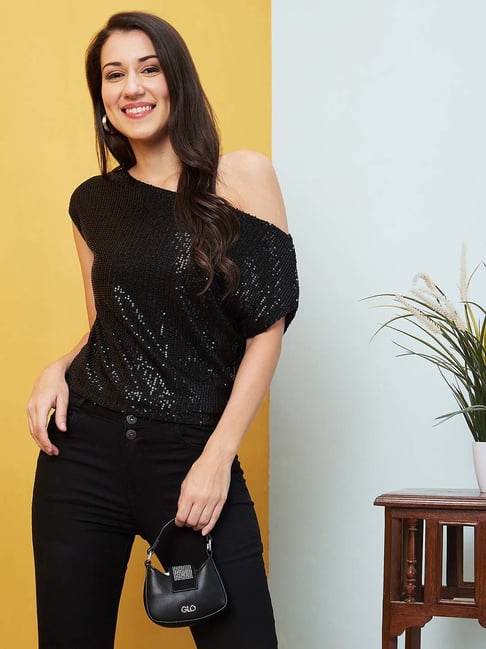 Globus Women Black Sequinned Stripes One Shoulder Party Crop Top