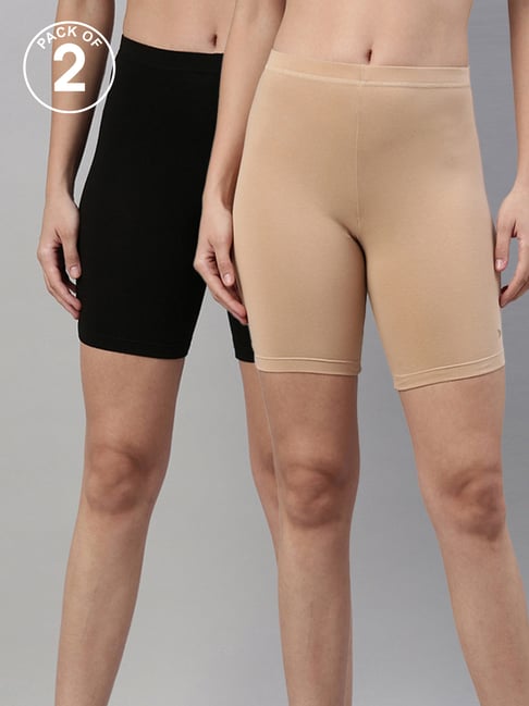 TWIN BIRDS Black & Beige Cotton Sports Shorts - Pack Of 2