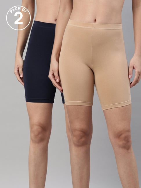 TWIN BIRDS Beige & Navy Cotton Sports Shorts Pack Of 2