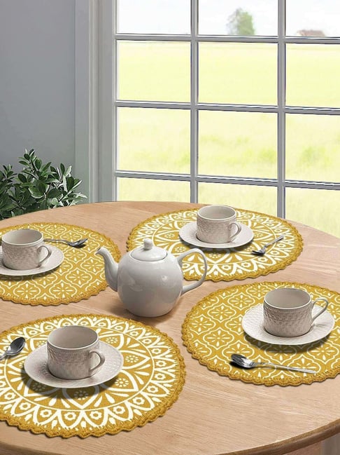 Saral Home Easy Living Yellow Cotton Crochet Antiskid Printed Table Mats - Set of 4-picture-42