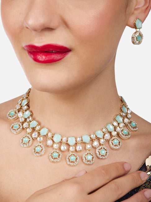 Zaveri Pearls Mint Green Kundan Austrian Diamonds Necklace Earring Ring  Set for Women